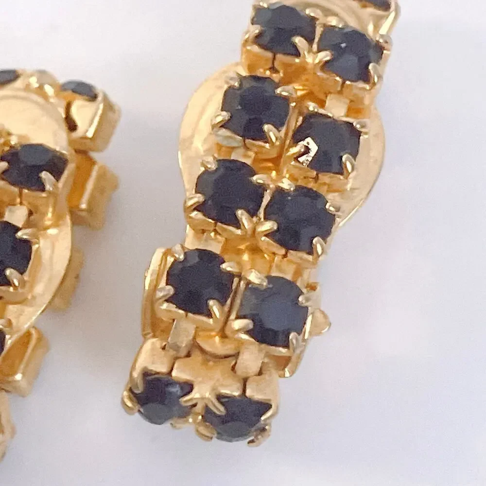 Vintage Unique Mid Century Black Rhinestone Wrap Around Clip On Earrings